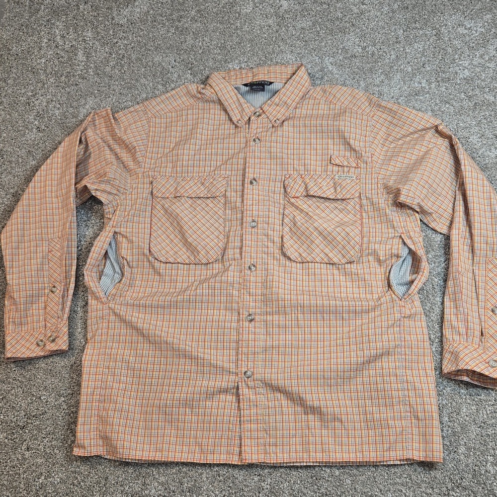 ExOfficio Men's XL Vented Long Sleeve Fishing Hiking Shirt Orange Plaid